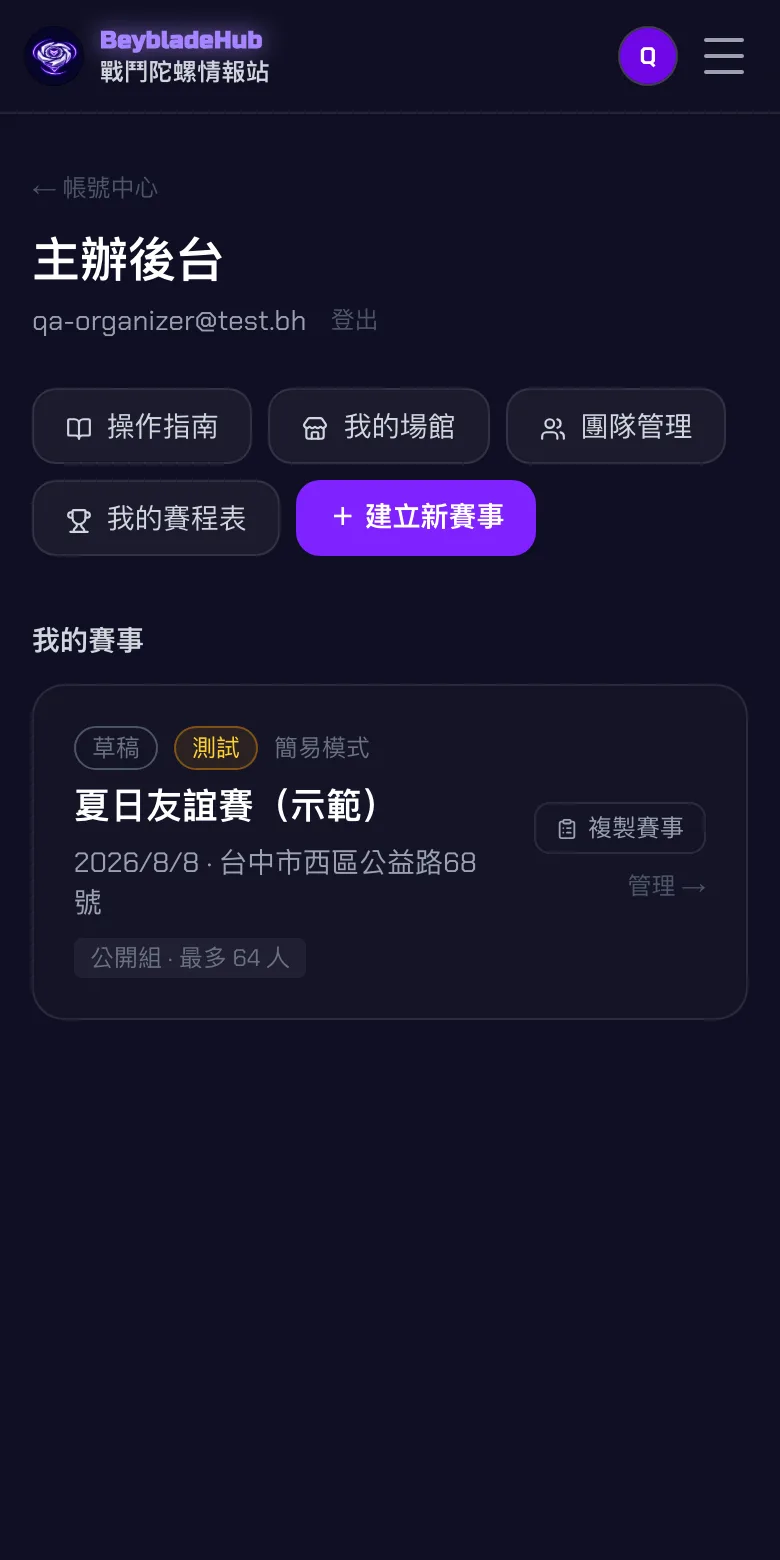 回到主辦後台，我的賽事列表出現剛建立的草稿賽事卡