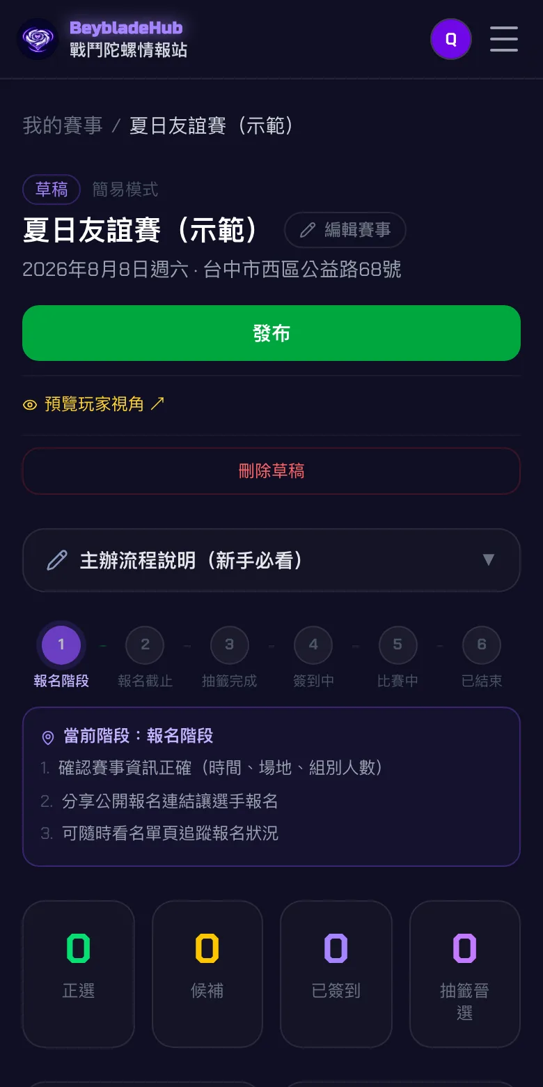 草稿管理頁：綠色發布按鈕與預覽玩家視角連結